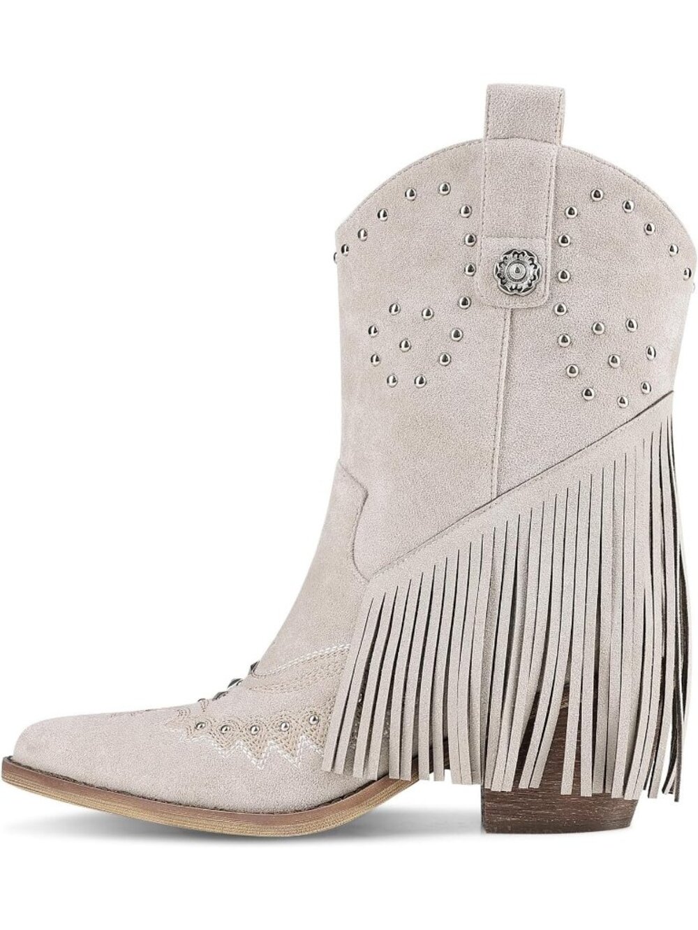 Women's Grey Tassel Fringe Pointed Toe Western Chunky Heel Cowgirl Heeled Boots - Picture 4 of 7